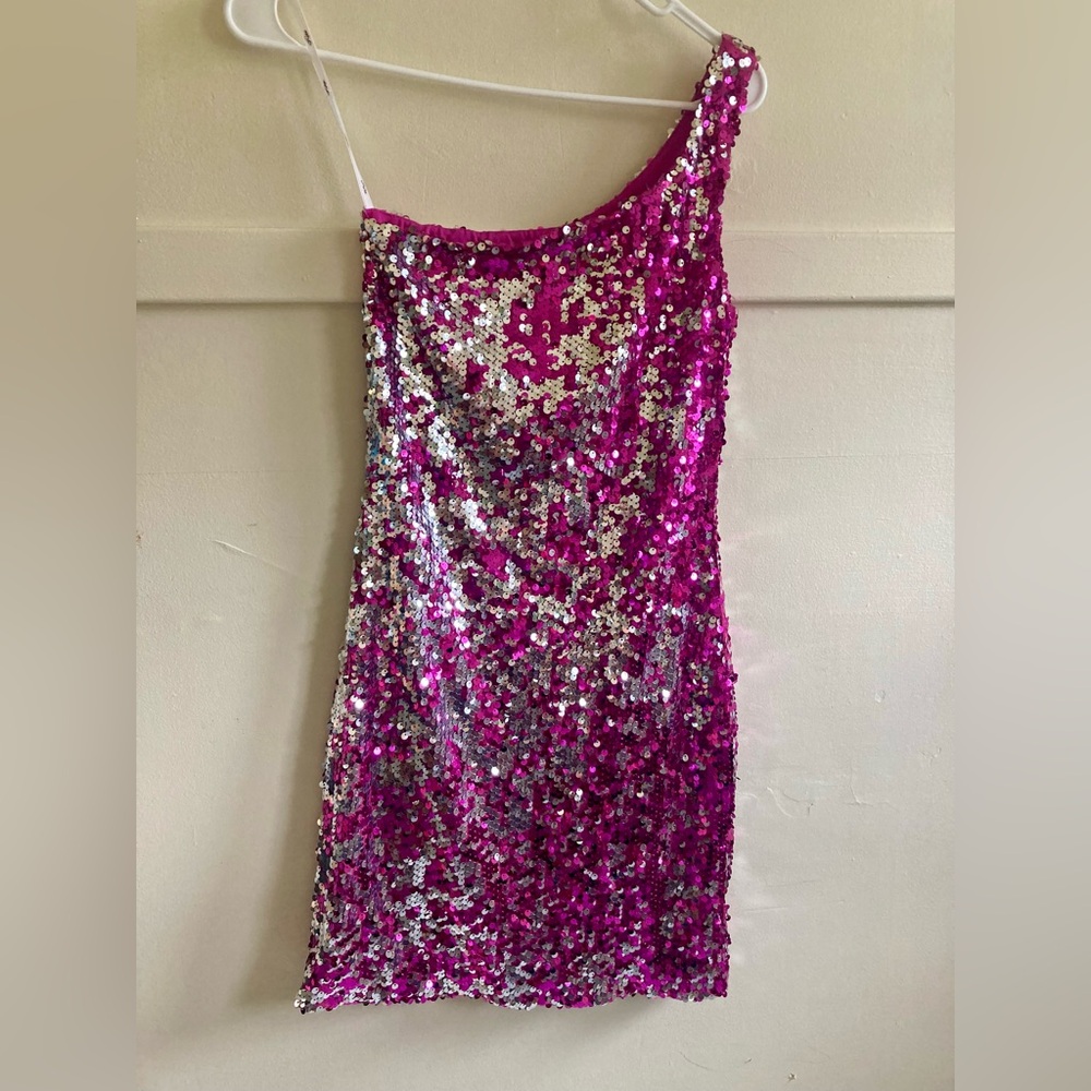 Profile By Gottex Pink and Silver Sequin One Shoulder Dress